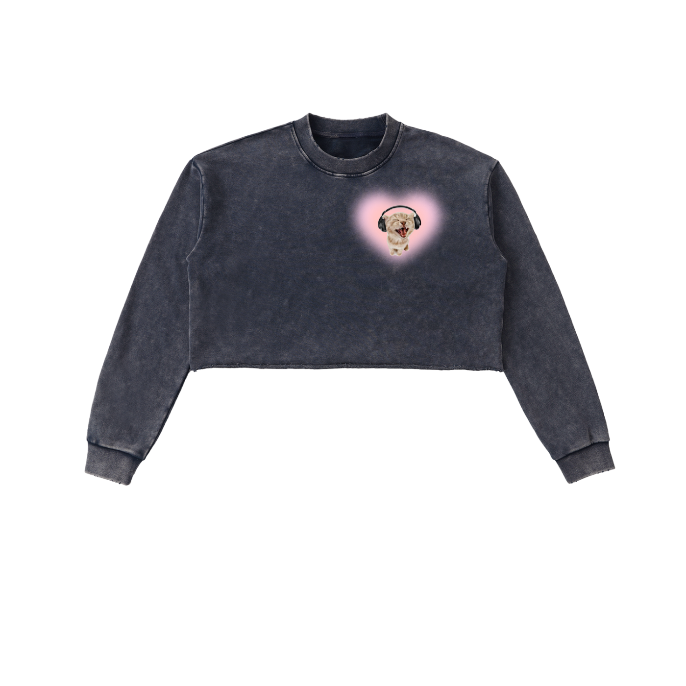 Kitty Vibing in Snow Washed Raw Edge Cropped Sweatshirt