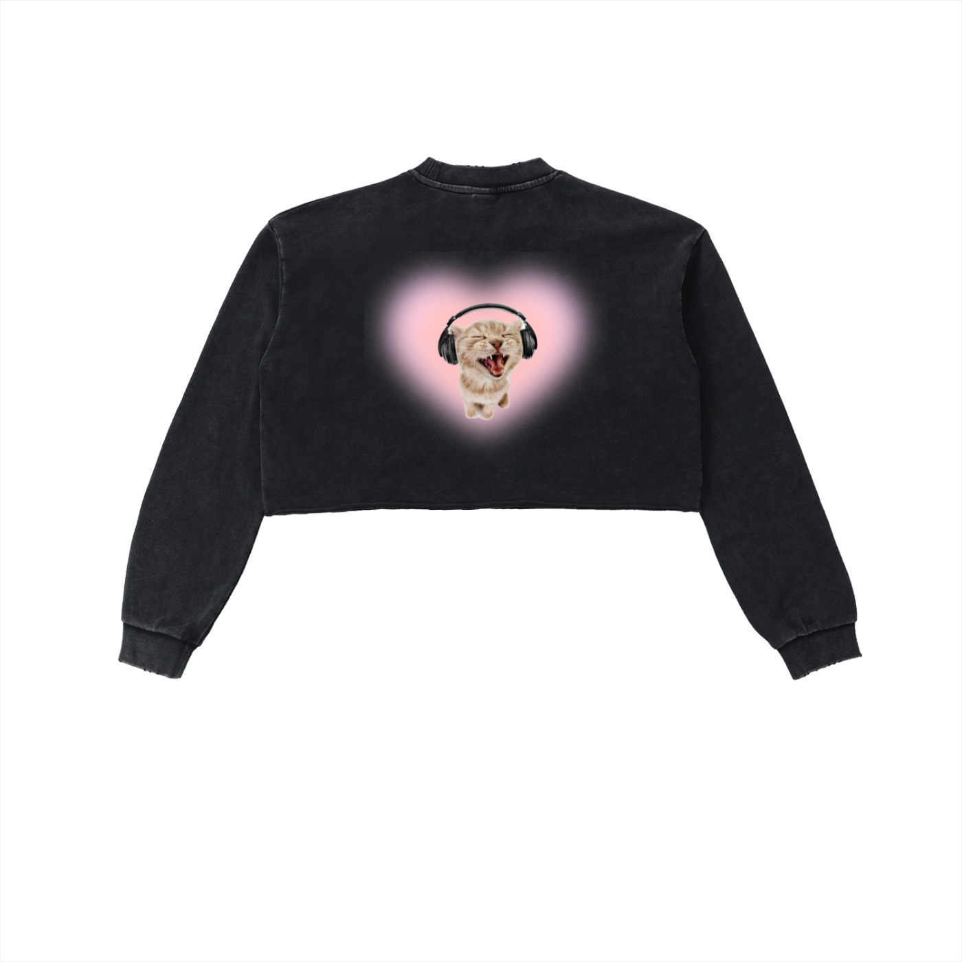 Kitty Vibing in Snow Washed Raw Edge Cropped Sweatshirt