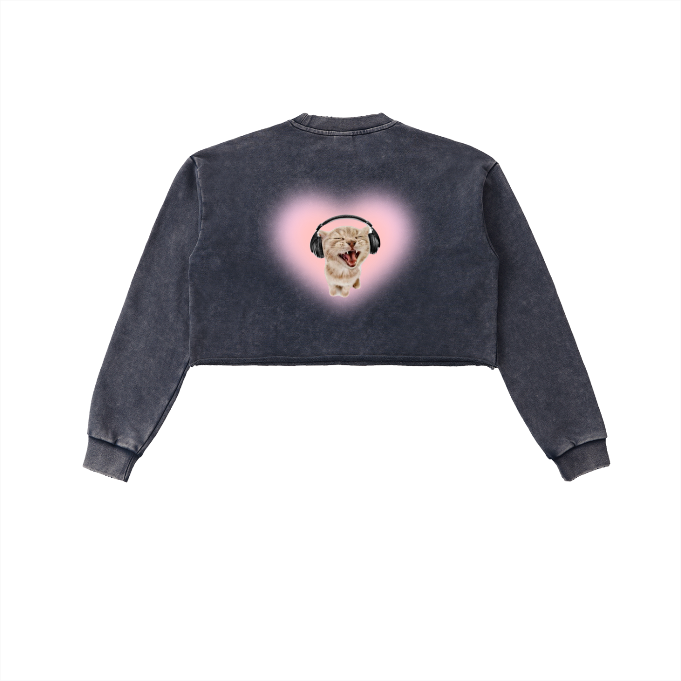 Kitty Vibing in Snow Washed Raw Edge Cropped Sweatshirt
