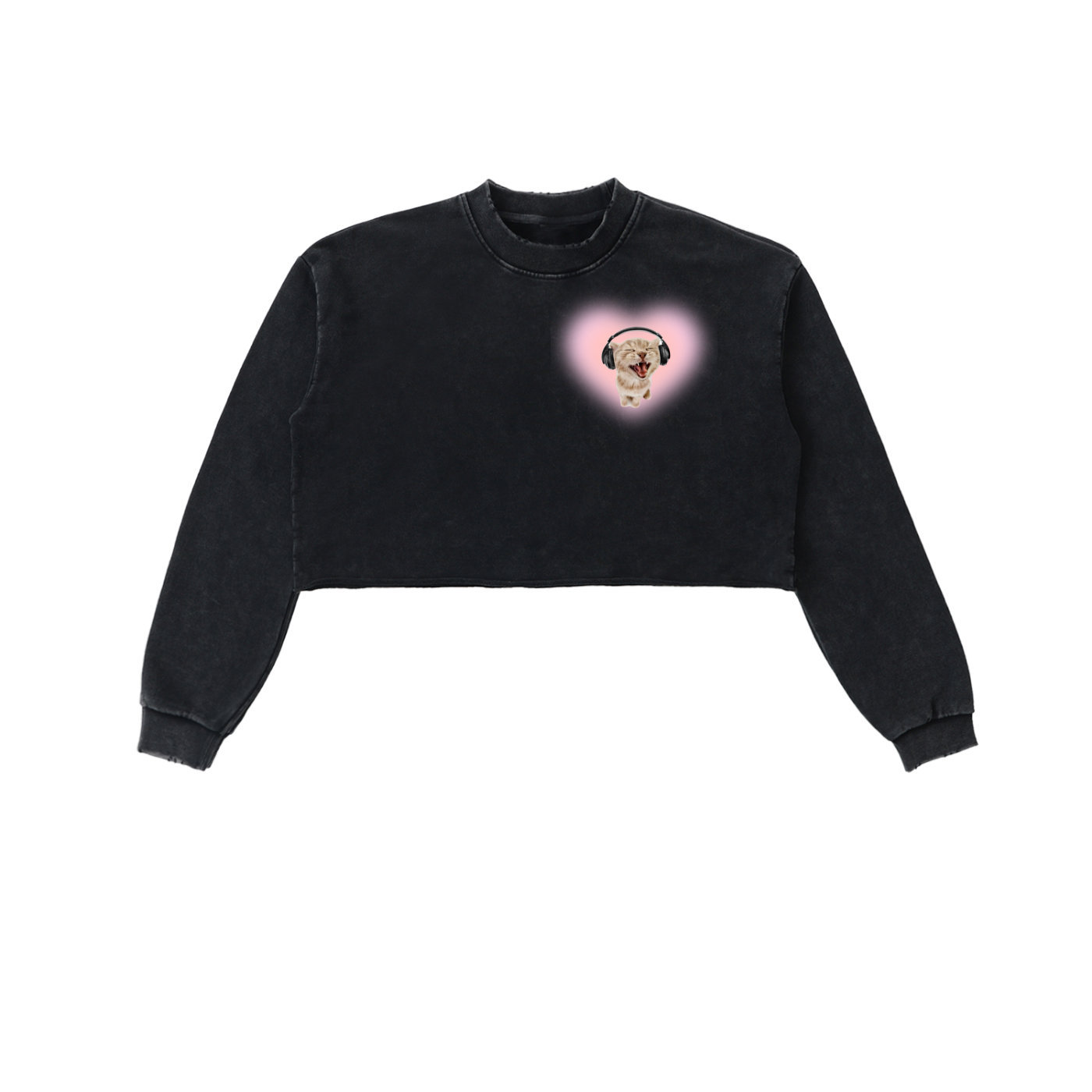 Kitty Vibing in Snow Washed Raw Edge Cropped Sweatshirt