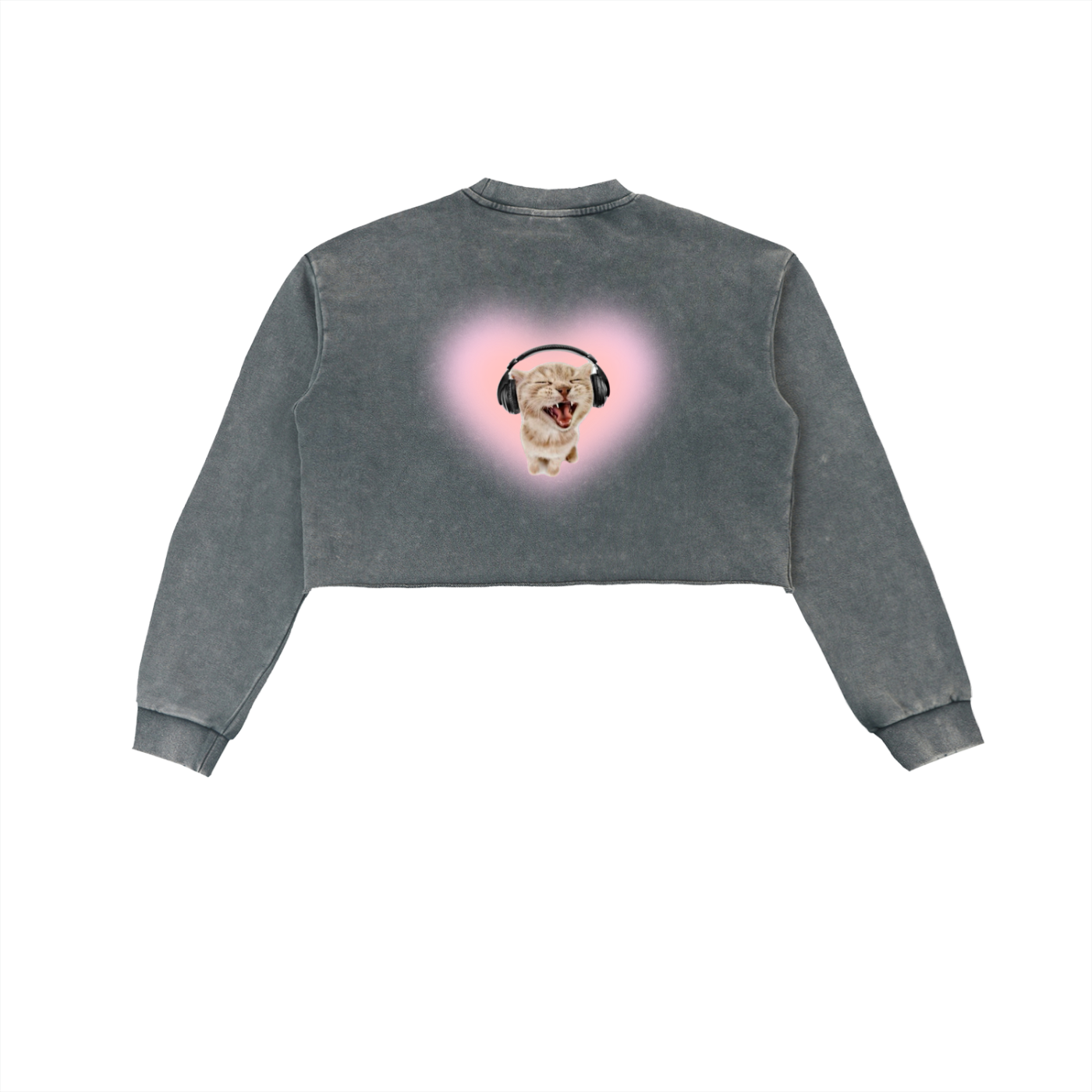 Kitty Vibing in Snow Washed Raw Edge Cropped Sweatshirt
